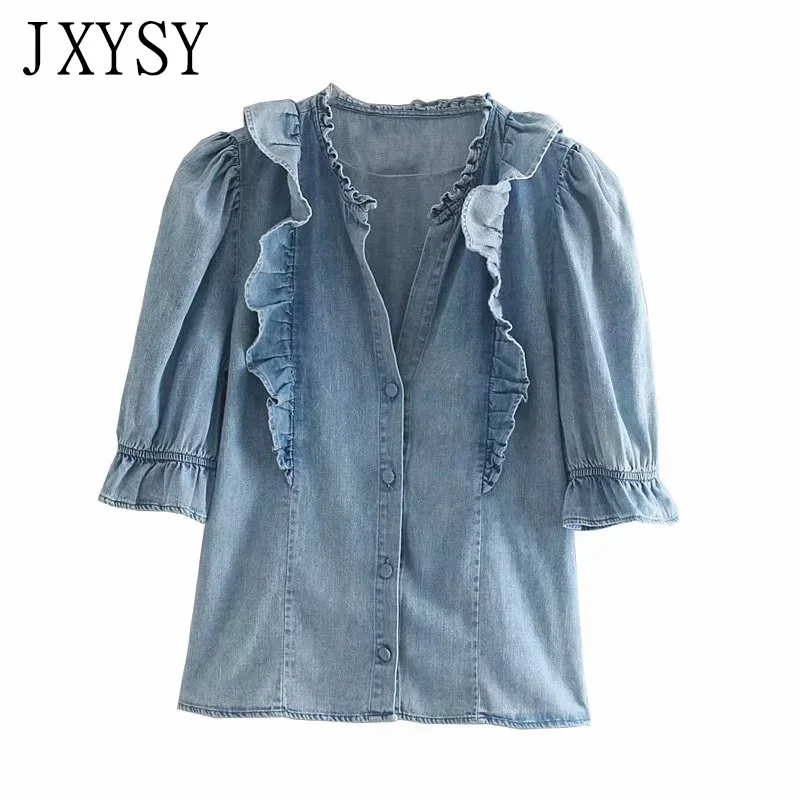 JXYSY blouse women blusas mujer de moda 2019 new ruffles puff sleeve denim shirt womens blouses and tops | Женская одежда