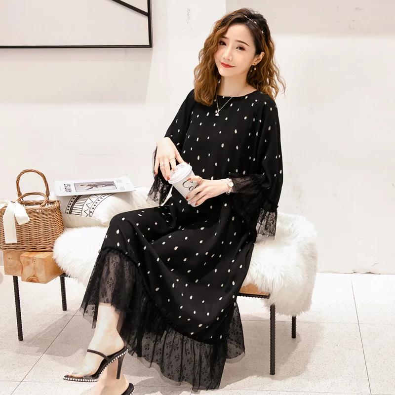

Maternity Clothes Korean-style Dress 2019 Spring Clothing New Style Fashion Chiffon Lace Joint Bell Sleeve Maternity Dress