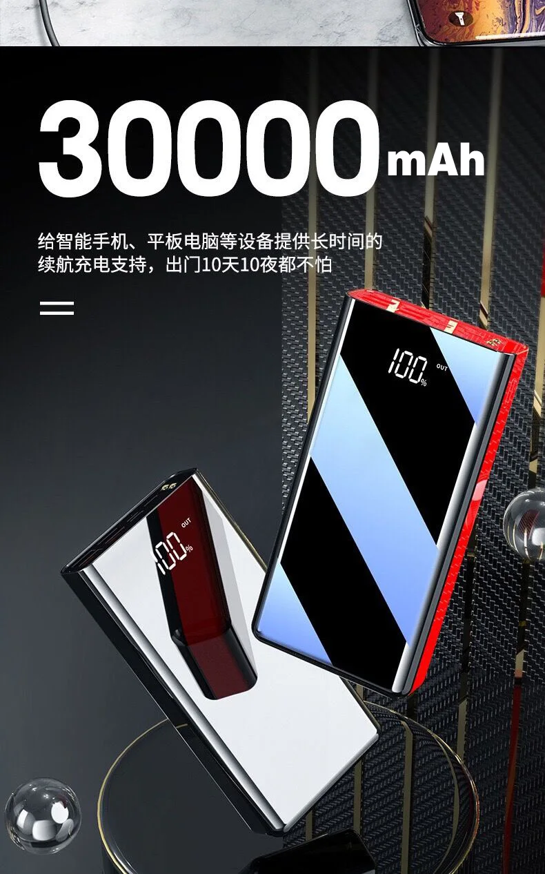 Зеркальный внешний аккумулятор на 30000 мАч для iPhone Samsung Xiaomi huawei 2 USB портативное