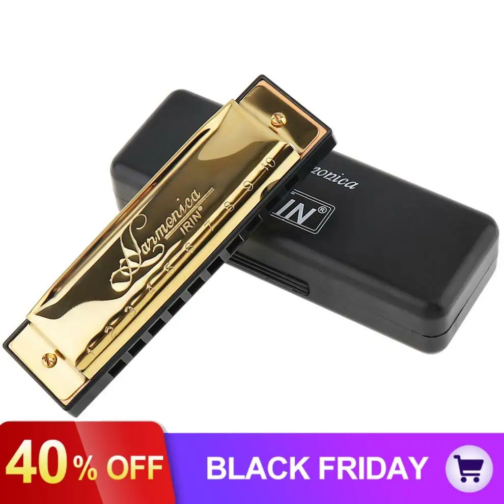 

10 Hole 20 Tone Gold Blues Harmonica Key of C Mouth Organ with Black Storage Box