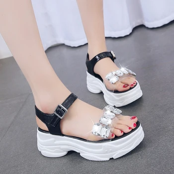 

Rimocy Summer Fashion Wedge Crystal Sandals Women Thick Bottom Ankle Strap Silver Sandalias Mujer 2020 High Heels Shoes Woman