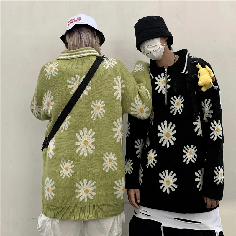 Осенний свитер, Женский винтажный свитер Ins Harajuku, свитер с хризантемами, хлопковый свободный свитер на молнии с отворотом, свитер большого размера