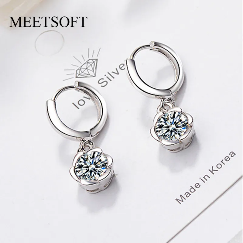 MEETSOFT 925 Silver Prevent Allergy Hoop Earrings for Women Trendy Design Small Flower Circle Jewelry Gift | Украшения и