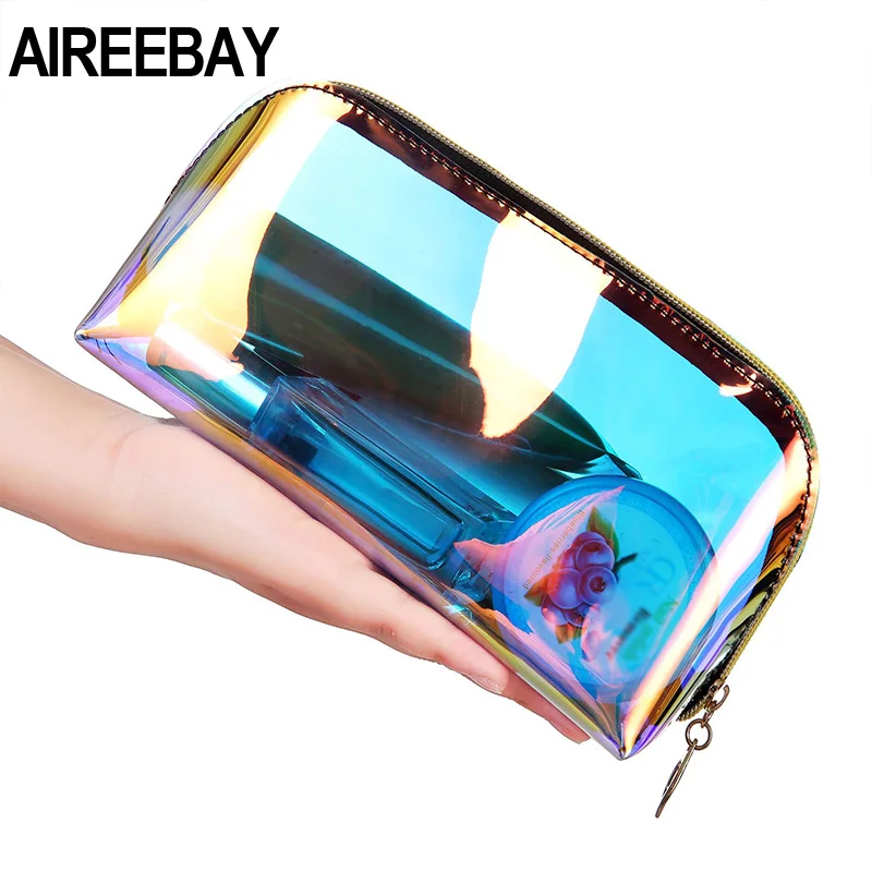 

AIREEBAY Laser Cosmetic Bag Fashion Brand Design Holographic Clear Makeup Pouch Transparent Zipper Purse Bag Toiletry Cases