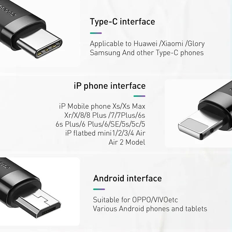 Usb-кабель Baseus 3 в 1 для iPhone, зарядный кабель 1,2 м, Micro USB type C для samsung, Xiaomi, мобильный телефон, все в одном, зарядный кабель