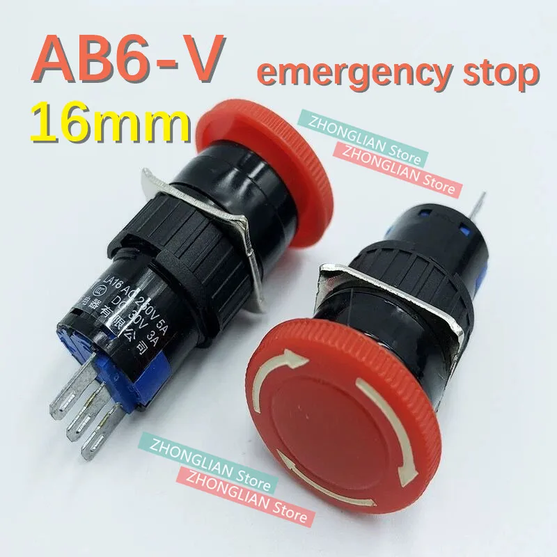 Botão de Parada Lote Pequeno Vermelho Emergência Interruptor Ab6-v 3 pé Auto Bloqueio Rotação Lay16 16mm 10 Pçs –