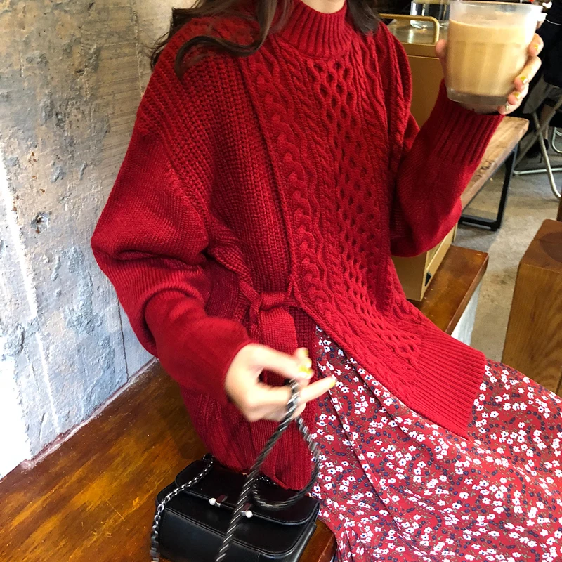 2019 autumn and winter korean chic style solid color lace up warm sweater womens knitted pullover (N0046) | Женская одежда