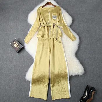 

Pant Suits 2019 Women's Autumn Pocket Hot Fix Rhinestone Raglan Sleeves Lace-up Waist Top + Elastic Waist Stripes Wide Leg Pants