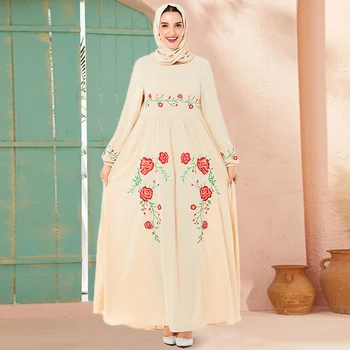 

Siskakia Women's Casual Long Dress Chic Flower Embroidery Maxi Dresses High Waist Draped Swing Plus Size Arabian Clothes Apricot