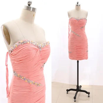 

MACloth Pink Pencil Strapless Knee-Length Short Crystal Chiffon Prom Dresses Dress S 267438 Clearance