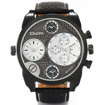 

OULM Casual Quartz Watch Men Big Dial Dual Time Display Leather Strap Chic Sport Analog Clock Unique Design relogio Waterproof