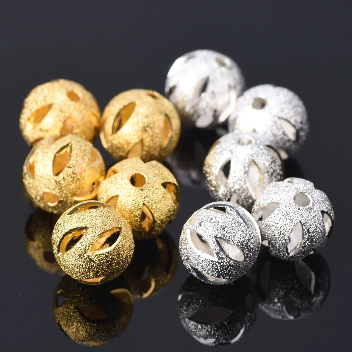 20pcs 10mm Plated Gold Color Silver Color Round Split Holes Hollow Matte Metal Brass Loose Spacer Beads For Jewelry Making DIY