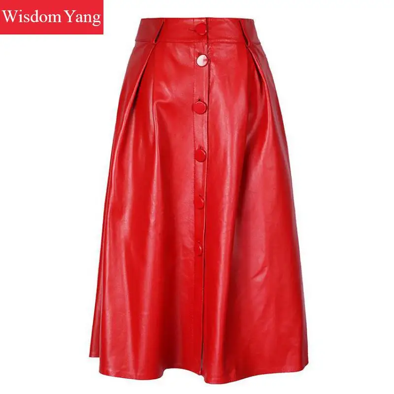 Autumn Real Genuine Leather Sheepskin Skirt High Waisted Midi Skirts Womens Red Black Korean Party Sexy casual Lady Aline Skirt