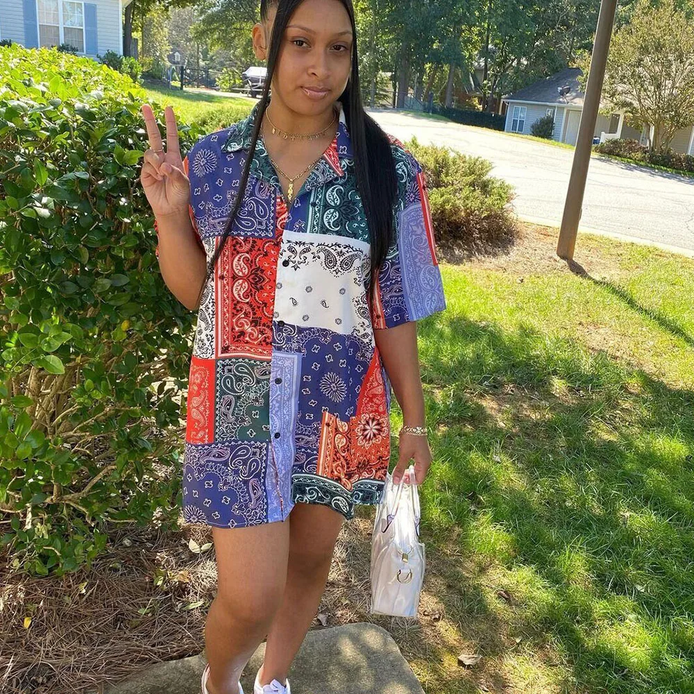 Bandana estampada con cuello vuelto para mujer, Vestido camisero con botones, ropa de manga corta, minivestido holgado informal para Club de verano