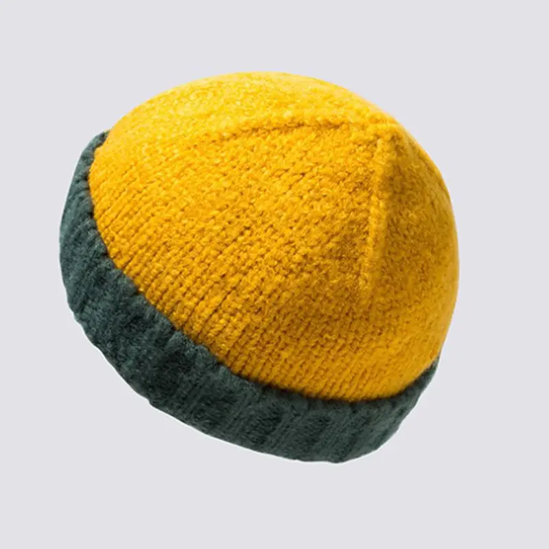 Adult Teens Winter Ribbed Knitted Faux Wool Beanie Cap Contrast Color Splicing Warm Soft Thick Vintage Student Cuffed Melon Hat