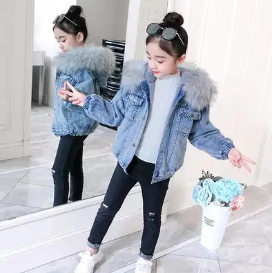 light blue Коллекция года, зимние джинсовые утепленные куртки из клееного меха для девочек, вельветовые пальто теплая верхняя одежда для малышей, Детская куртка Modis, Y2102 - Цвет: light blue
