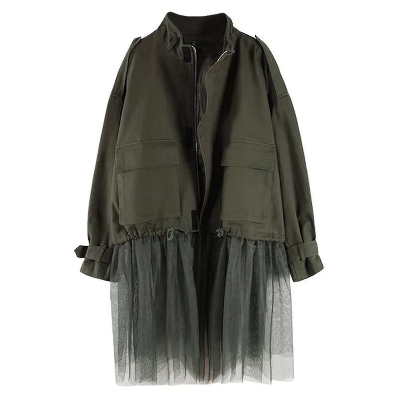 Армейский зеленый Spring Autumn High Quality Stand Collar Long Sleeve Mech Patchwork Vintage Jacket Women Coat Women - Цвет: Армейский зеленый