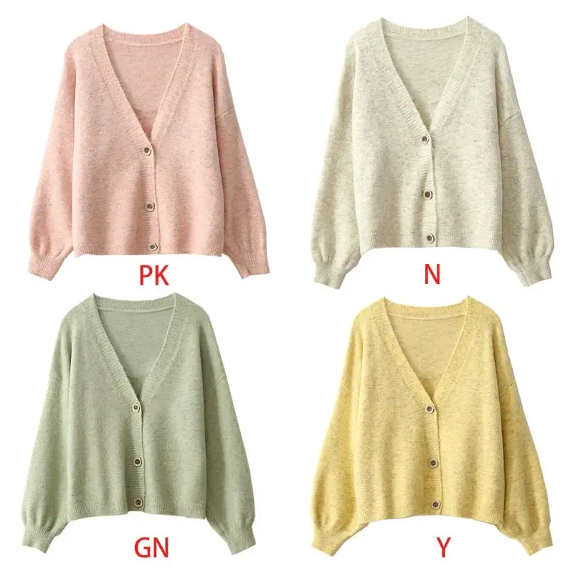 

Women Autumn Lantern Sleeve Short Sweater Cardigan V-Neck Buttons Knitwear Top