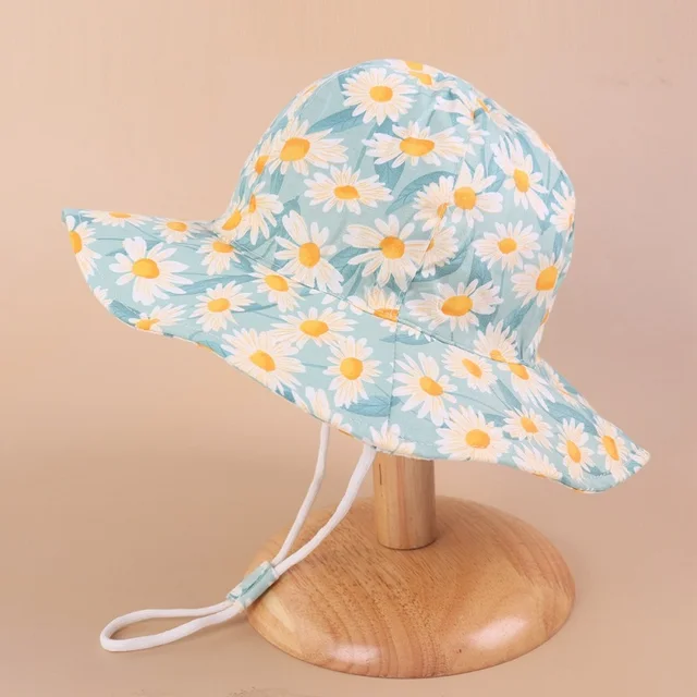 Summer Children Cotton Cartoon Bucket Cap For Boys Printing Floral Baby Girls Sun Hat Flower Kids Bonnet blue daisy