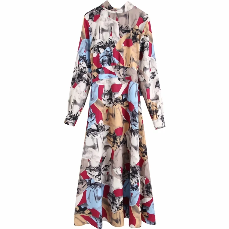 Buy New Women vintage contrast color ink painting print casual sashes long Dress ladies stand collar bow tied vestido Dresses DS3047