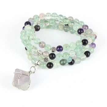 

Women Natural Stone Fluorite Irregular Pendant Necklace 6mm 108 Male Crystal Beads Stand Healing Reiki Sweater Chain Jewelry