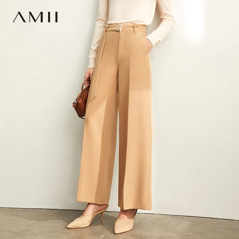 

Amii Minimalism Spring Casual trousers Women High Waist Solid Loose Belt Wide Leg Pants 11930412