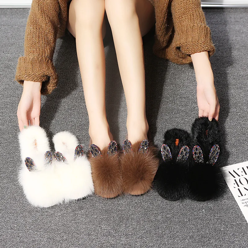 

Dropshipping 2019 Autumn New Design Double Heart Rhinestone Ear Natural Rabbit Fur Headgear Slippers Flats Half Drag Women Shoes