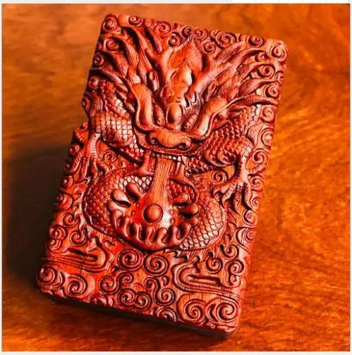 zorro Ретро латунный китайский стиль сандаловое дерево керосин Классическая зажигалка, дракон резьба по дереву подарочная коробка - Цвет: 13