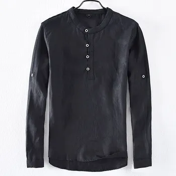 

2019 autumn new men's pure linen long sleeve shirt cover stand collar half high buckle linen shirt 9025