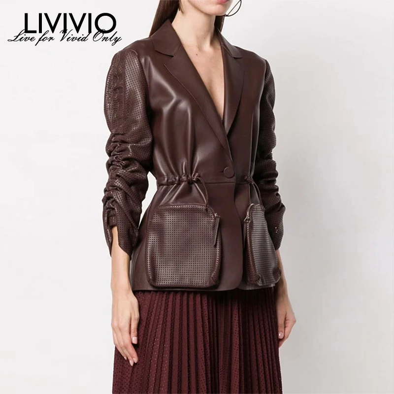 [LIVIVIO] коричневая искусственная кожа с рюшами Рукав Регулируемая куртка талией