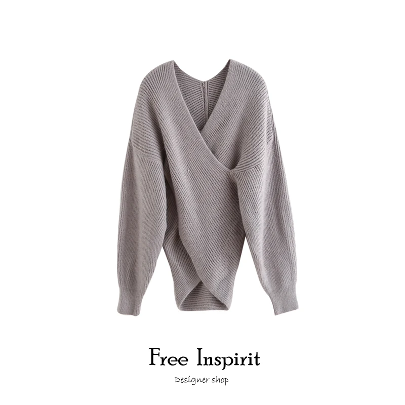 

Free Inspirit Vintage Style Computer Knitted V-neck Full Sleeve Solid Ladies'pullovers Criss-cross Decorate Women's Sweaters