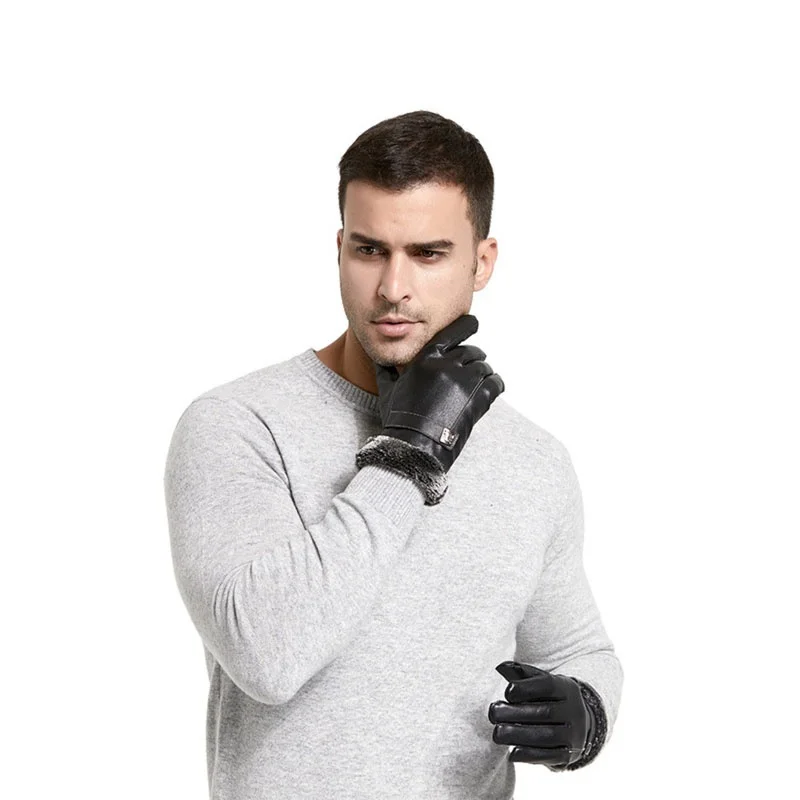 Мужские перчатки для вождения мотоцикла из искусственной кожи с сенсорным экраном, плюшевые зимние теплые перчатки, ветронепроницаемые плотные теплые варежки, перчатки для бега