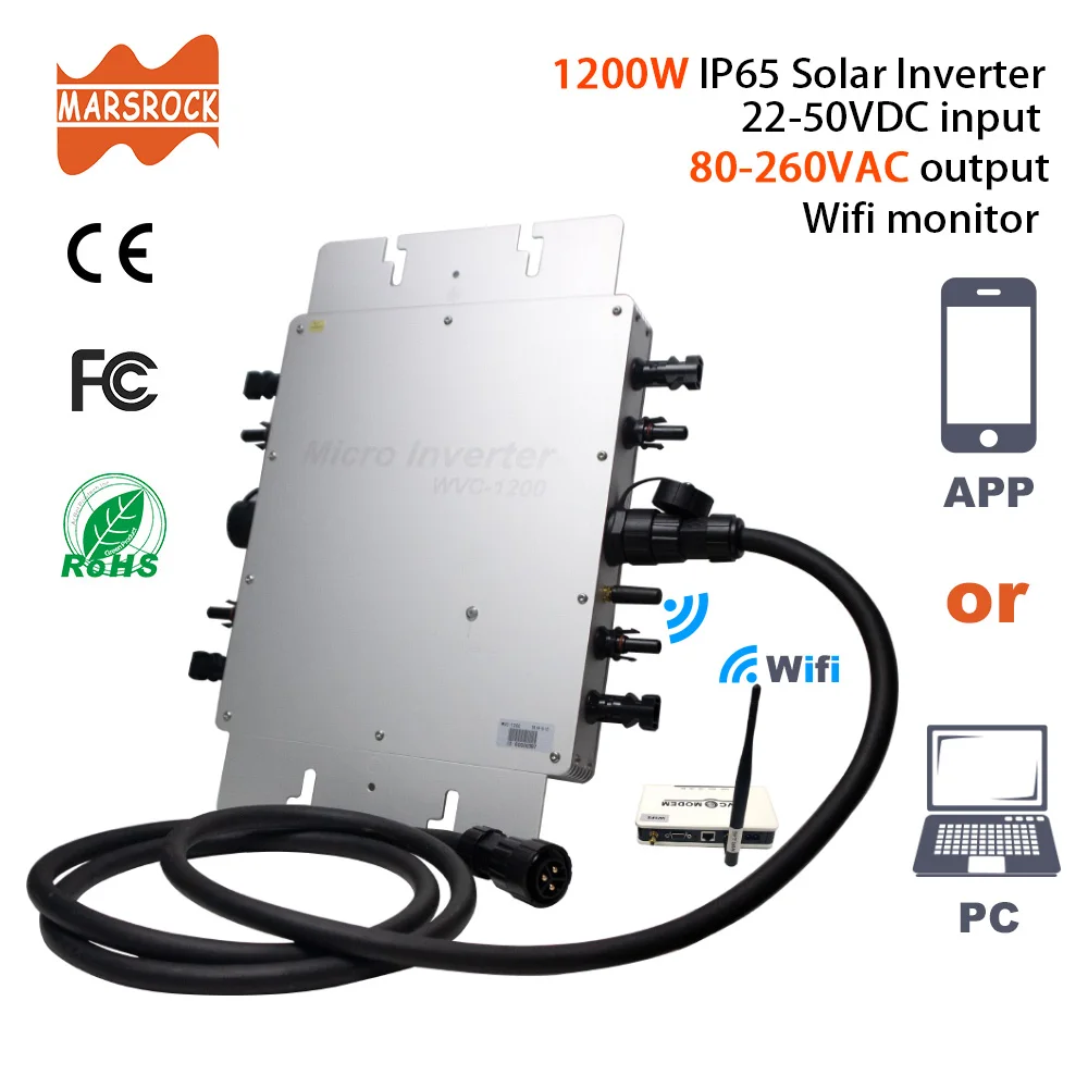 IP65 1200 Вт MPPT сетка галстук микро солнечный инвертор, 22-50VDC до 80-280VAC, 45 Гц~ 64 Гц для 4x400 Вт панелей Макс, Wifi модем монитор