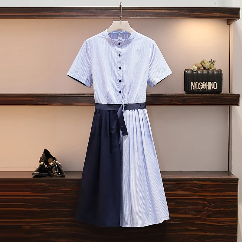 

M-4XL Plus Size Women Striped Shirt Dress Summer 2019 Fashion Stand Collar Short Sleeve Patchwork Pleated A-Line Ladies Dresses