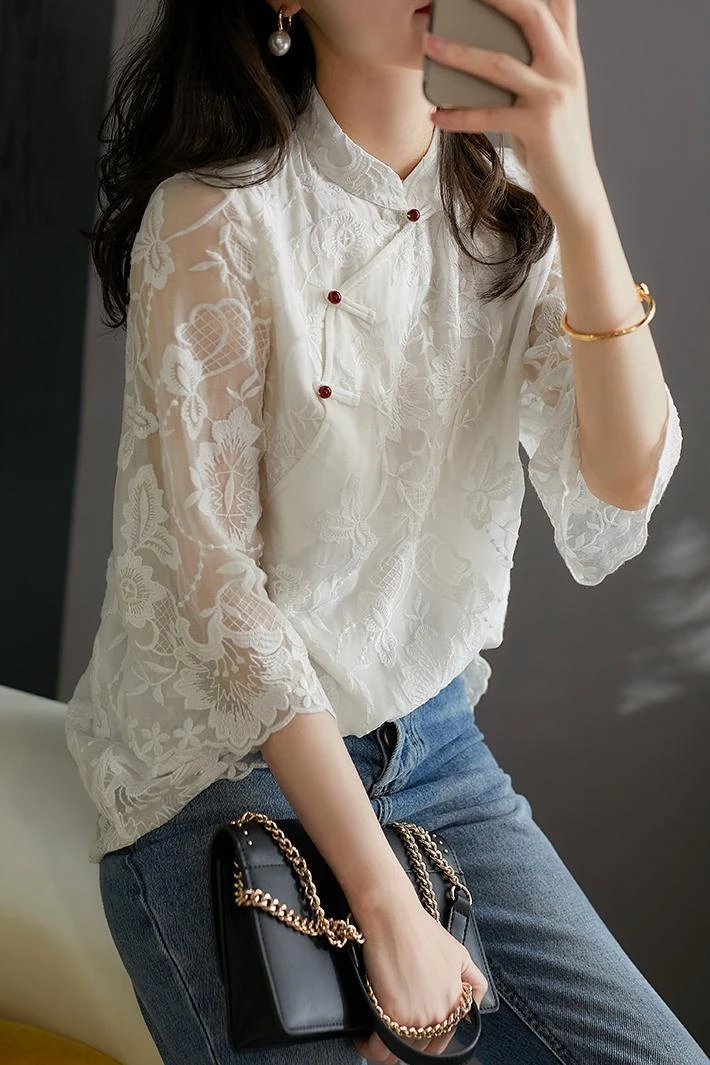 chinese style lace qipao top vintage women asian costume traditional embroidery shirt cheongsam tops