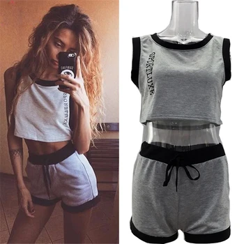 

Patchwork Shorts Crop top Suit Set 2019 Women Tracksuit Two-piece Sport Style Outfit Jogging Sweatshirt Fitness Lounge Sportwear