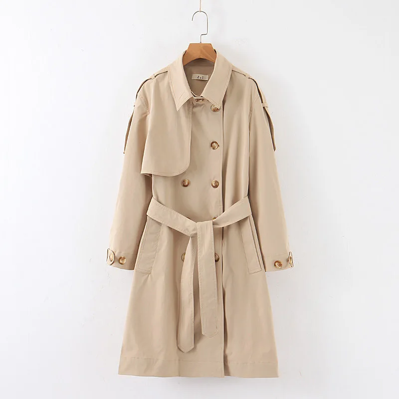 

2019 Autumn New Style Elegant Khaki Trench Coat Fold-down Collar Double Breasted Lace-up Long Coat WOMEN'S Dress