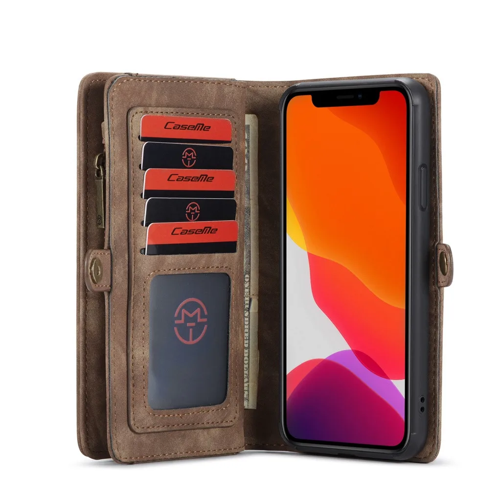 Чехол ME для iPhone 11 Pro Max 6,5 дюймов 2-в-1 11 слотов для карт чехол-кошелек на молнии, из натуральных материалов кожаный чехол в стиле ретро Чехол-бумажник сумка