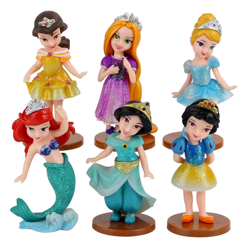 

6Pcs/Lot 9cm Princess Figure Toy With Pink Base Snow White Tangled Mermaid Cinderella Ariel Kid Toys Gift Or Cake Decoration