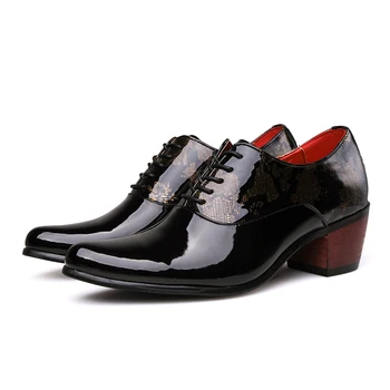 

Business Men Dress Shoes Patent Leather Pointed Toe Wedding Formal Shoes Men Wood Outsole Office Footwear Male High Heels Shoes
