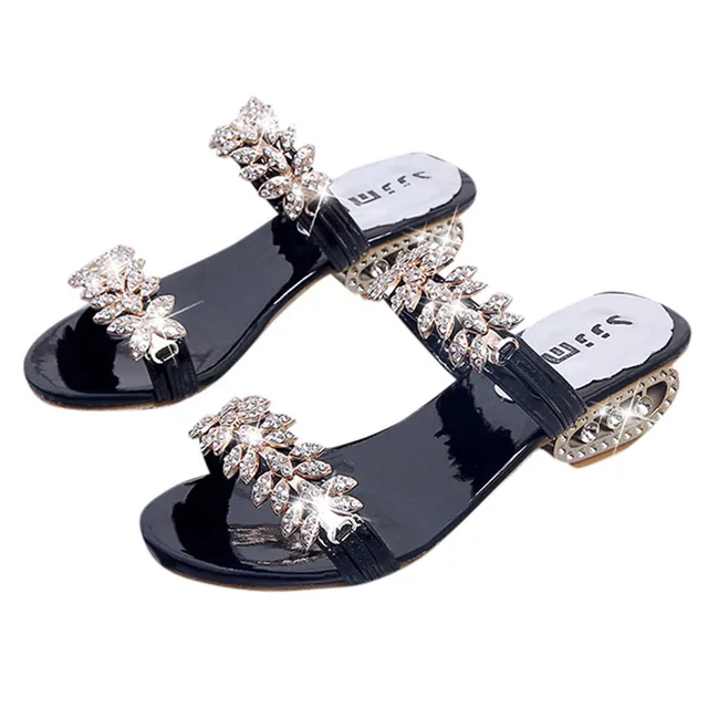 Sexy Rhinestone Women Summer Slippers Low Heel 5CM Fashion Slipper Sandals Ladies Party Wedding Woman Shoes Slides Black