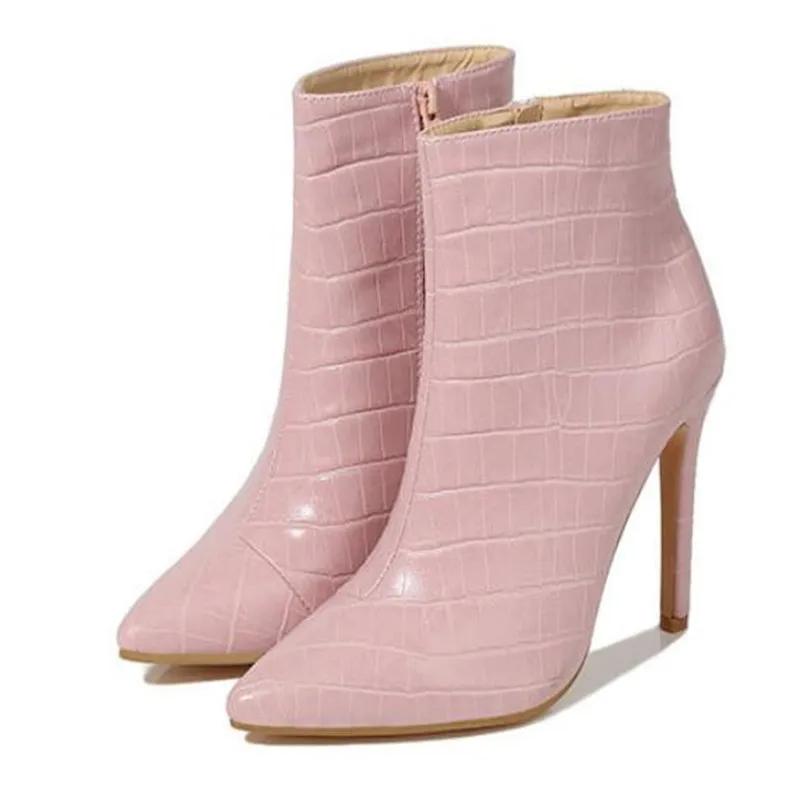 2023 New Luxury Women Pink Blue Boots Sexy Thin High Heels Fetish Stripper Booties Warm Fur Print Sweet Ankle Boots Pointy Shoes