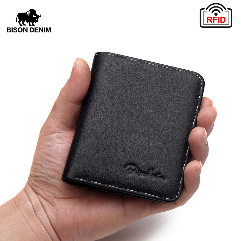 BISON DENIM-monedero negro de cuero genuino para hombre, billetera fina, tarjetero, Mini monederos suaves de piel de vaca, N4429