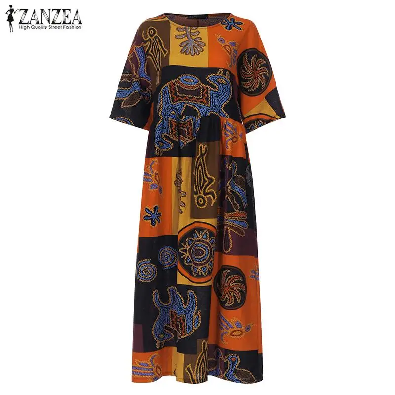 Винтажное женское длинное платье макси Vestidos ZANZEA летнее платье женское платье с принтом длинная рубашка платья Повседневное свободное нарядное платье халат