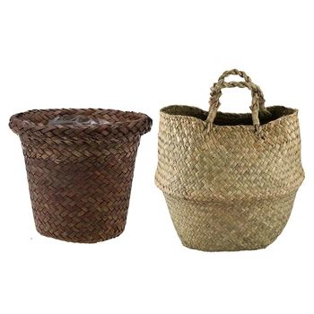 

2 Pcs Storage Basket Garden Flower Pot Handmade Sundries Organizer Planter Box, Brown & Natural Color