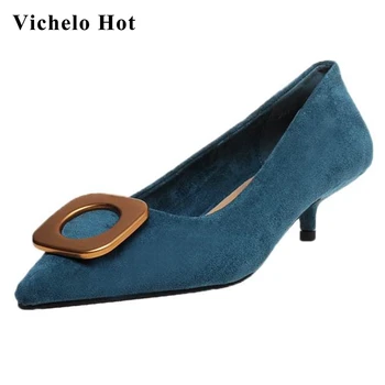 

Vichelo Hot kid suede pointed toe thin med heel metal decorations office lady daily wear shallow slip on fashion women pumps L20