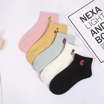 New Cartoon Fruit Cute Socks Women Cotton Socks Japanese Ankle Short Socks Embroidery 5 pairs lot - Цвет: 5 pairs