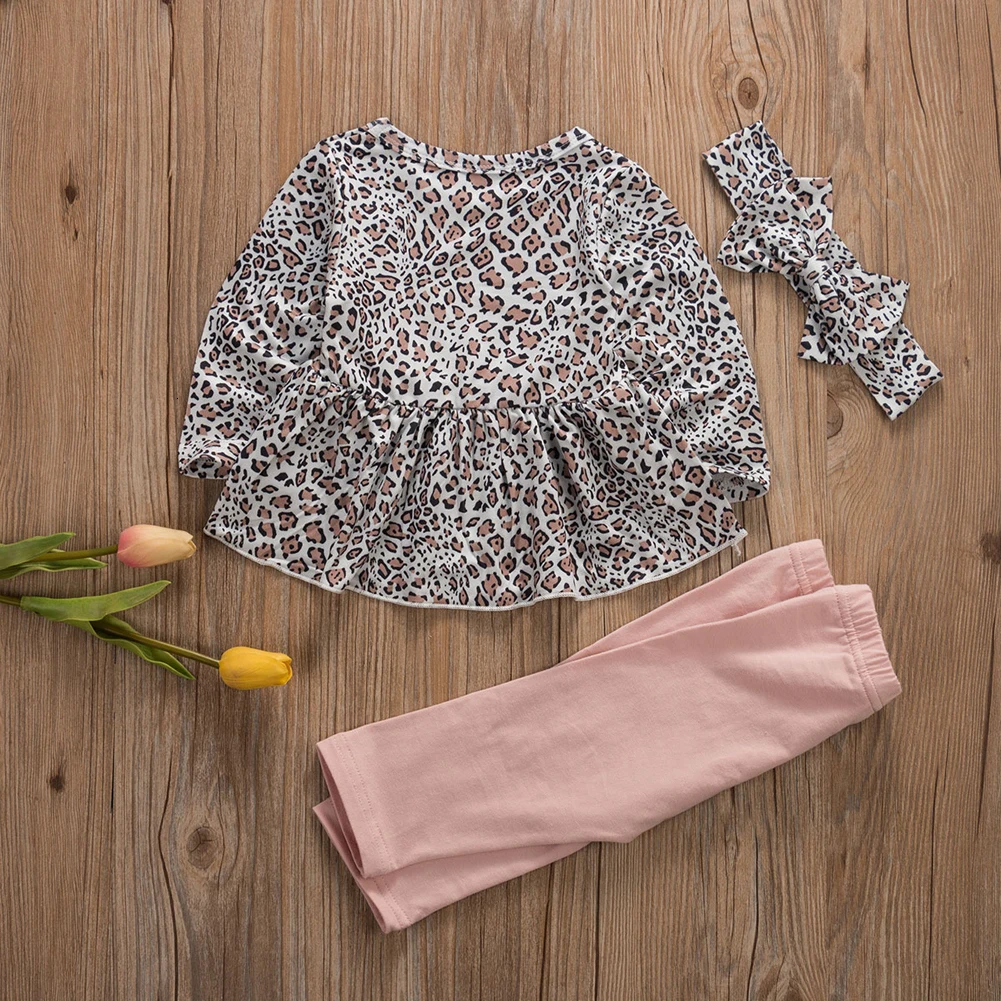 Осенняя одежда для новорожденных девочек, Леопардовый топ, штаны, повязка на голову, комплект одежды для 0-3 лет