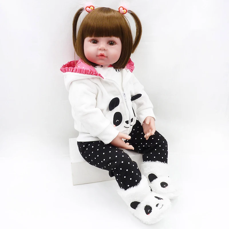 Children Reborn Baby Doll Toy 48CM Soft Silicone Cute Panda Cloth Body Short Hair Realistic Baby Doll Toddler Kids Pretend Play