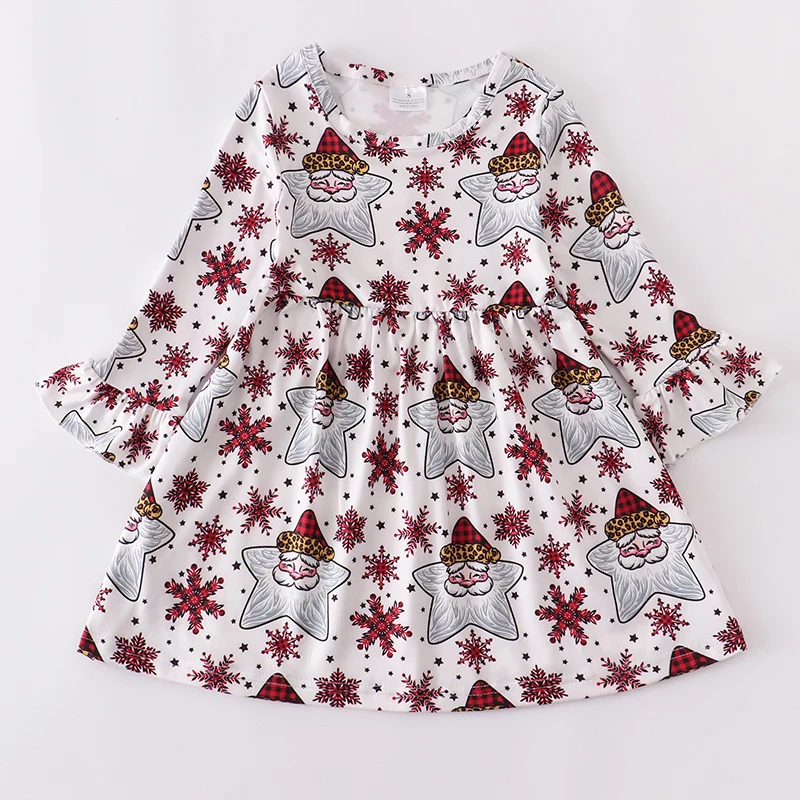 Girlymax Christmas Baby Girls Kids Clothing Milk Silk Dinosaur Flamingo Santa Print Ruffles Twirl Dress Knee Length Long Sleeve dress haloween